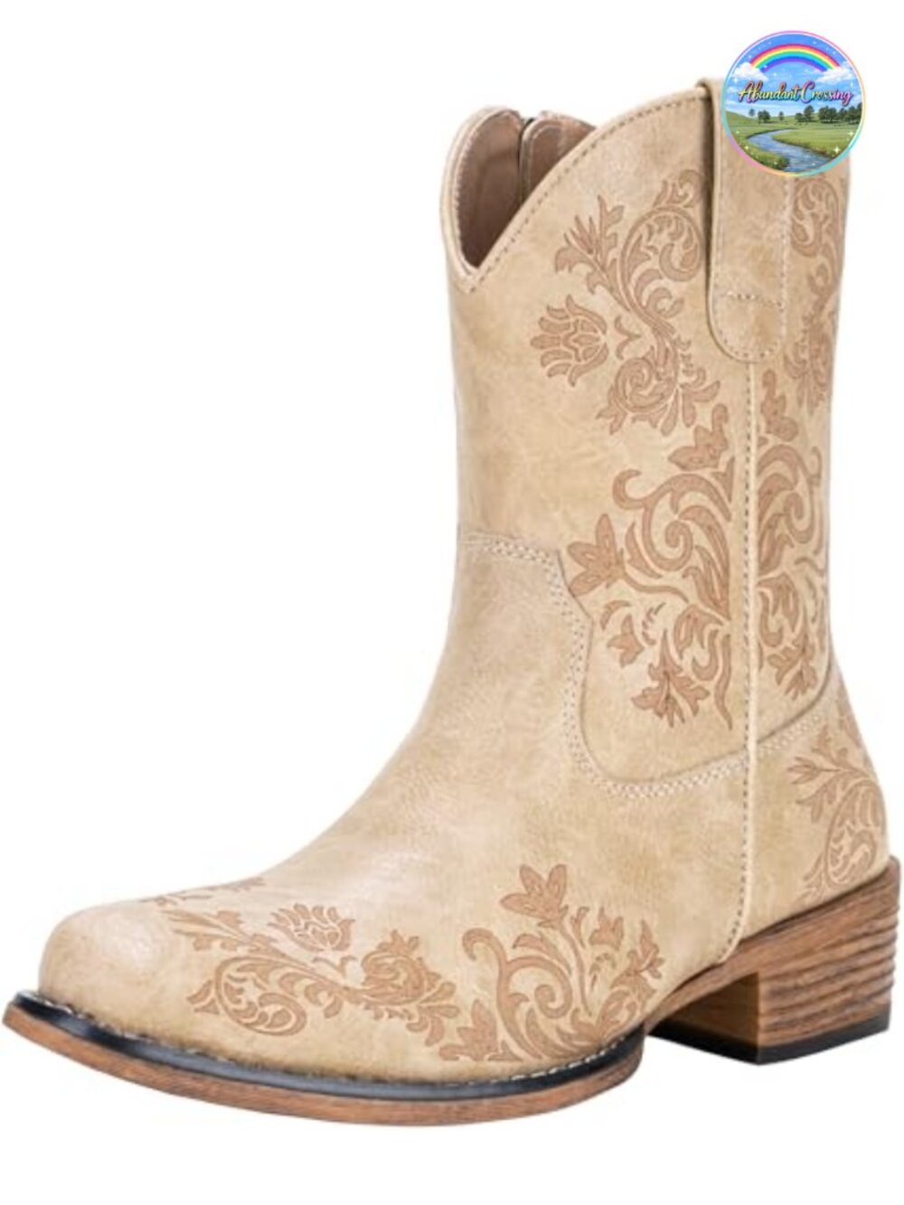 Western Cowgirl Ankle Booties Faux Leather Square Toe Block Heel with Zipper
